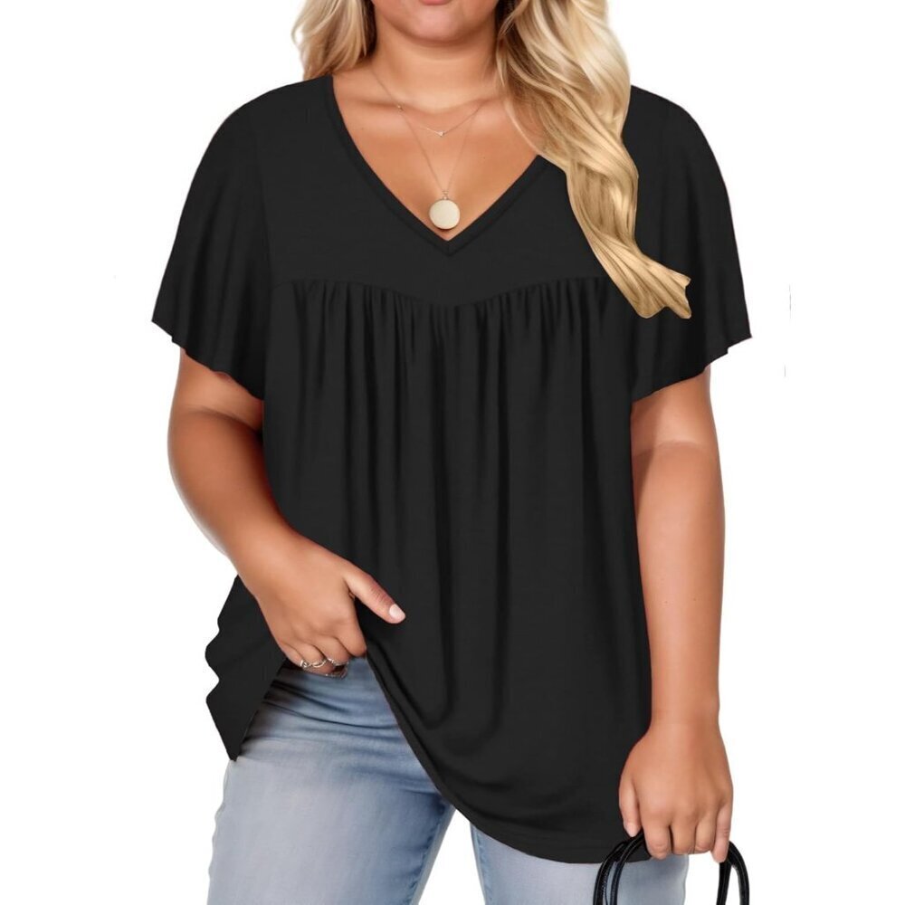 Plus Size Summer Tops Women Rayon Spandex V Neck Ruffle Pleated Blouses
